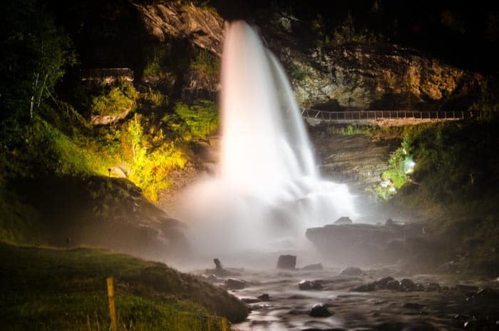 Steinsdalsfossen waterfall at night