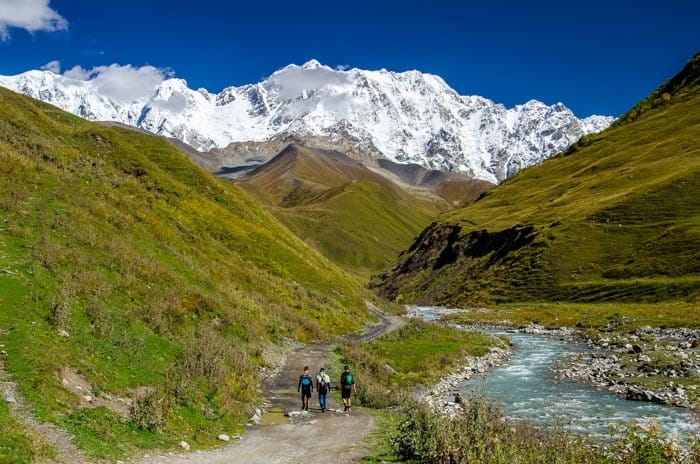 View of Skhara glacier from the village of Ushguli. The best things to do in Georgia country