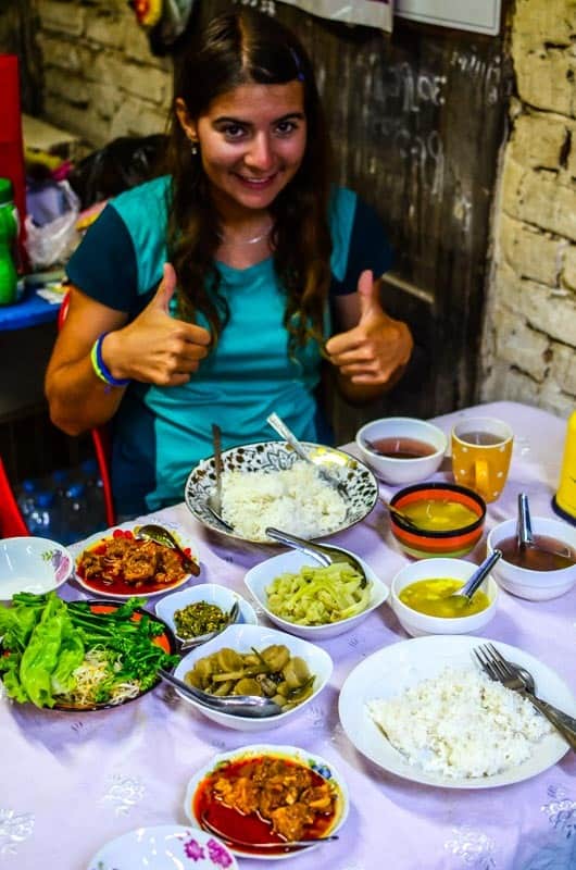 Soup, meat, vegetables, all for 3000 MMK per person. Restaurant in Mrauk U