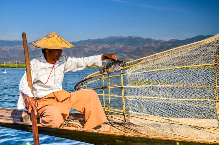 Burmese fisherman at Inle Lake, Myanmar