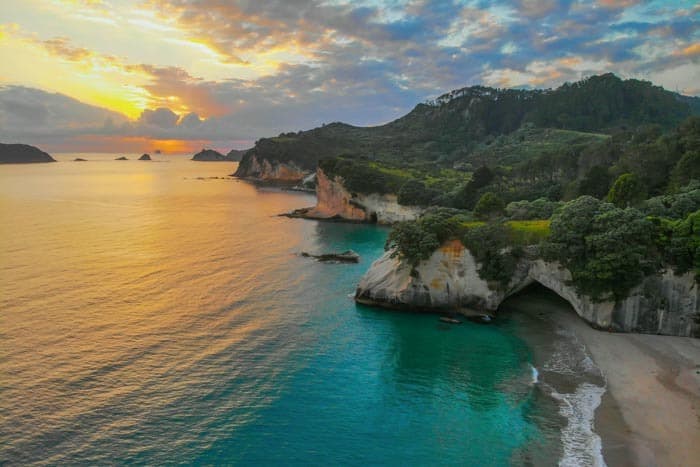 Aerial view of Cathedral Cove at Coromandel, North Island of New Zealand