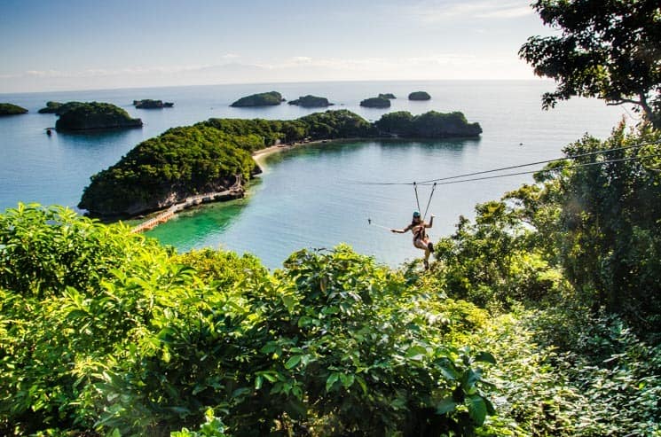 Amazing Zip line in Hundred Islands National Park. Luzon in the Philippines