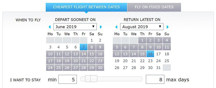 AZair - Set up your date range