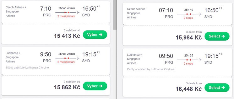 Skyscanner - porovnání české a anglické verze