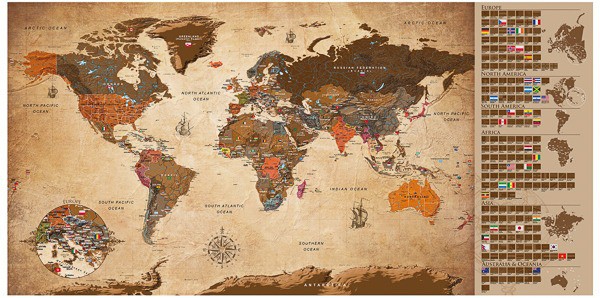Stírací mapa světa na zeď Vintage - hnědá