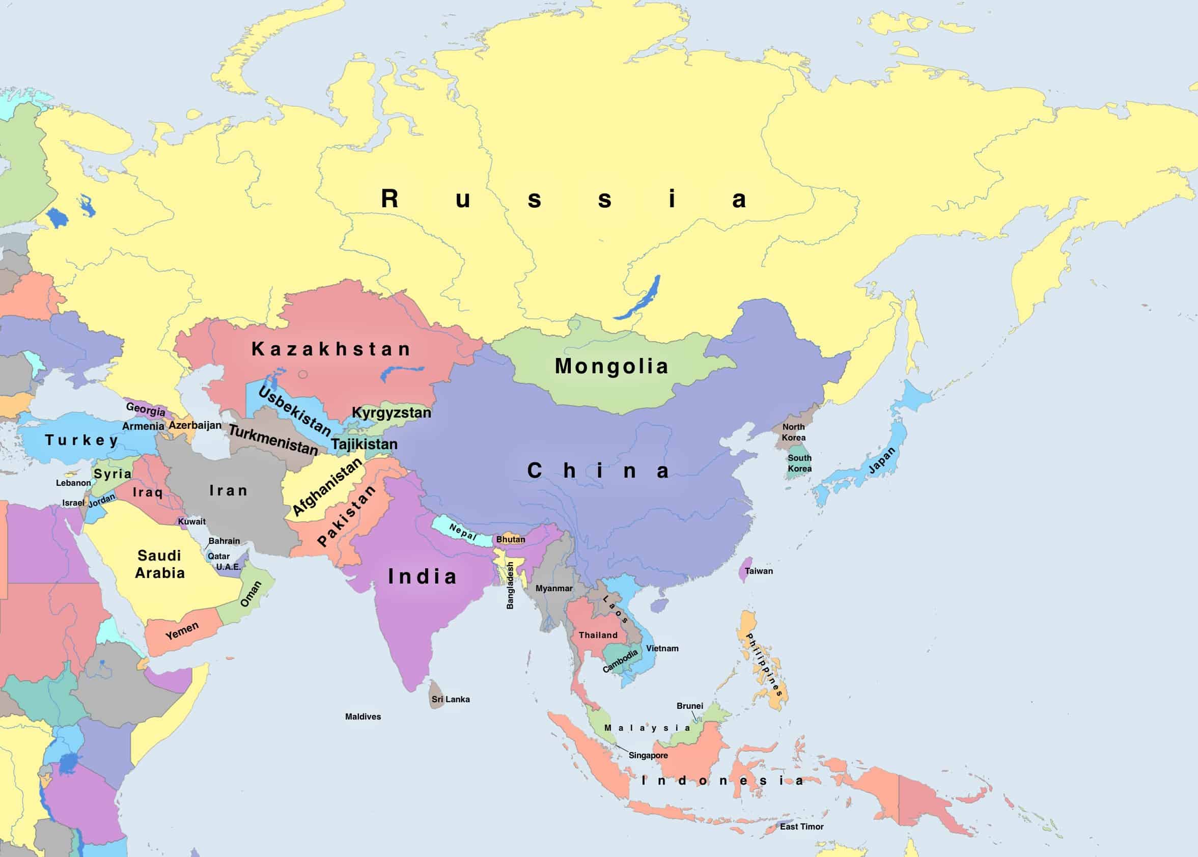 Asia Map With Country Names | Map of Atlantic Ocean Area