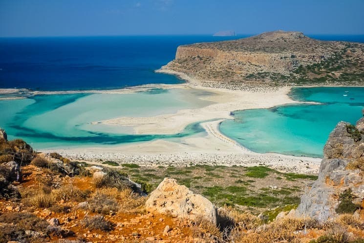 View of the Balos Beach & Lagoon with Tigani island. Crete, Greece