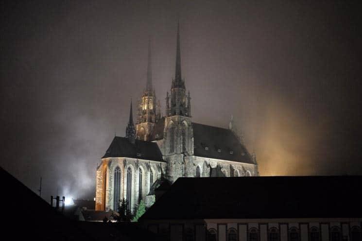 Petrov Cathedral at night. Places to visit in Brno.